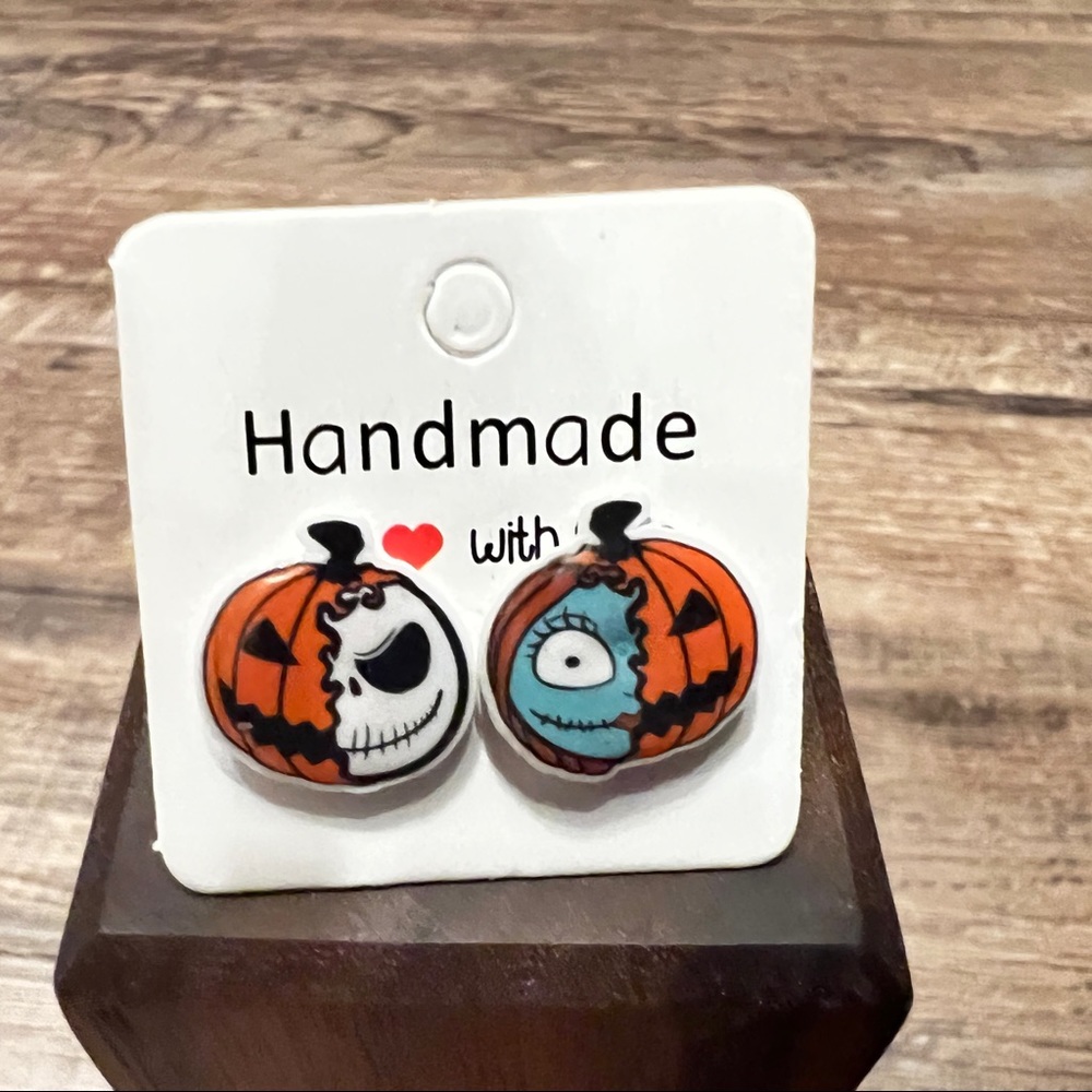 Jack and Sally, jack-o’-lantern, pumpkin stud earrings. New - Picture 5 of 11